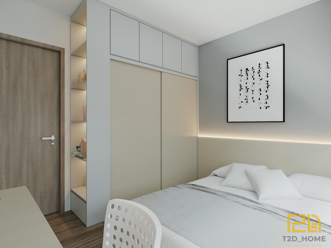 Phòng ngủ mang phong cách tối giản, không gian thoáng